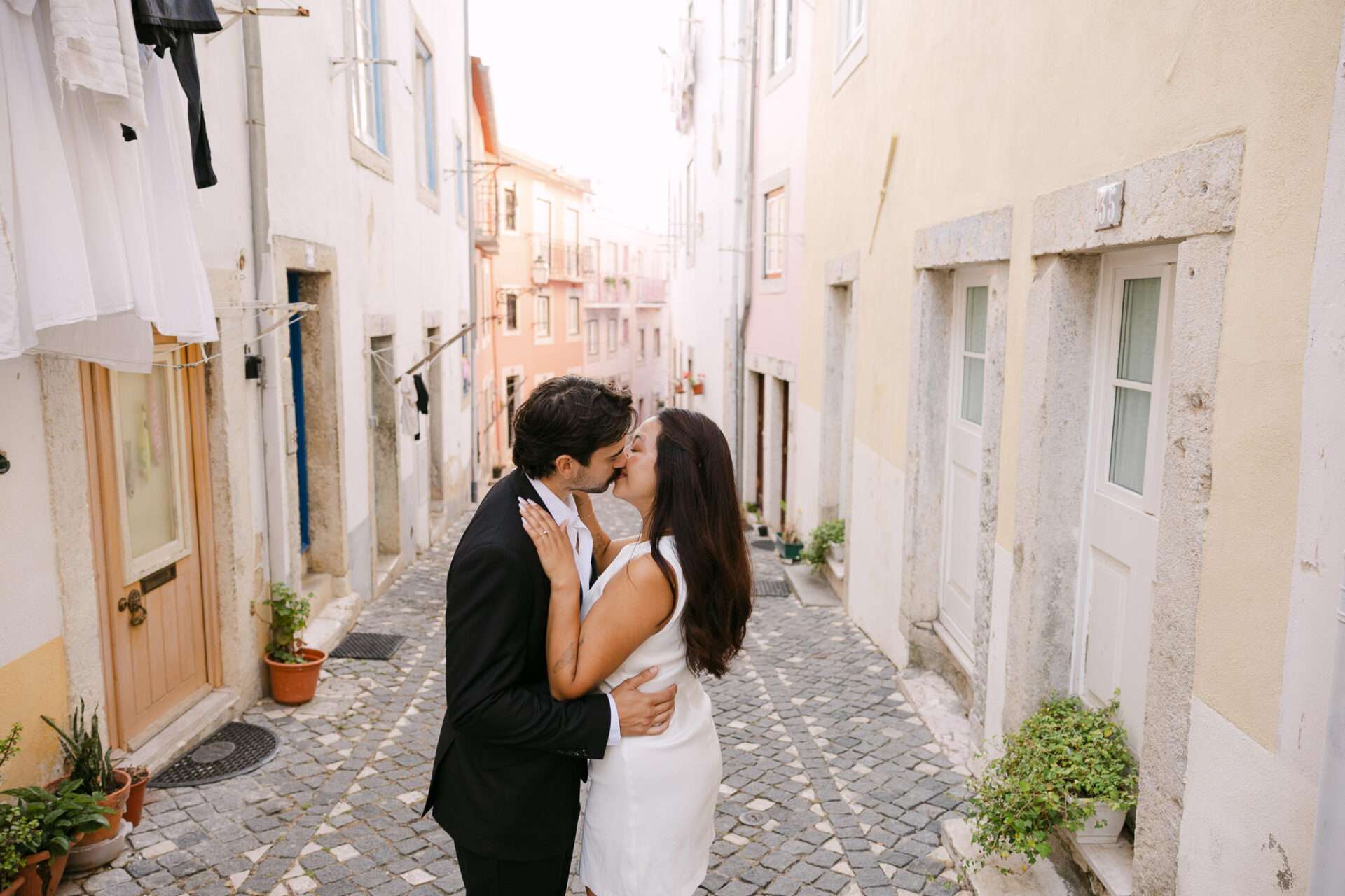 Natural and romantic Lisbon engagement photo with soft movement