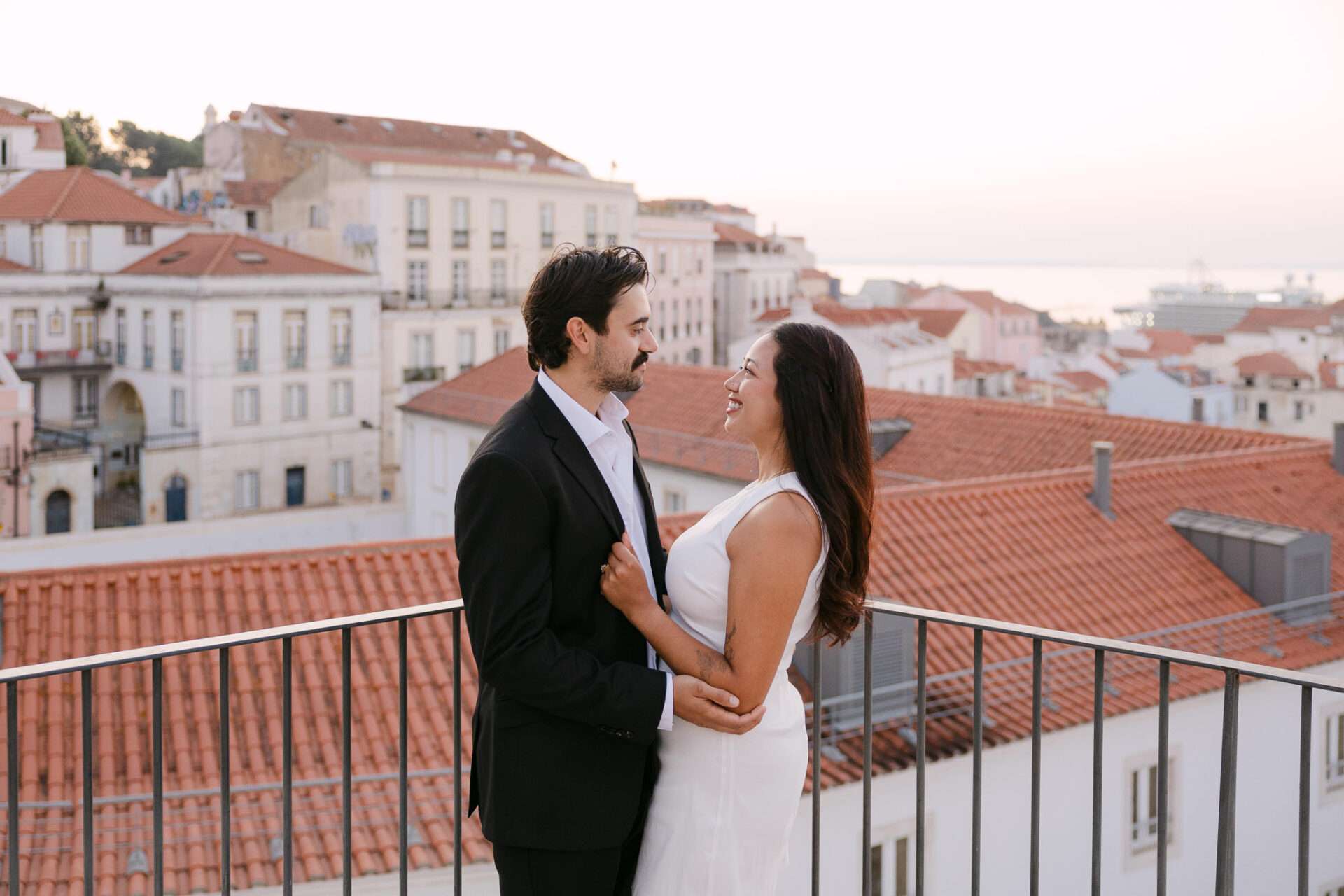 Proposal-style portrait in Lisbon with authentic, emotional vibe